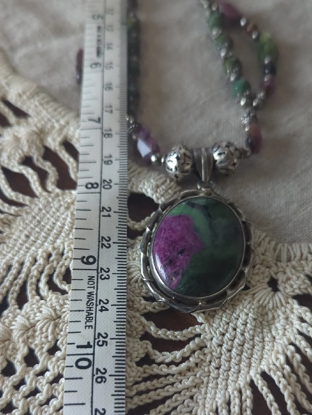 Sterling Silver Ruby Zoisite Statement Necklace, Artisan Gemstone Pendant